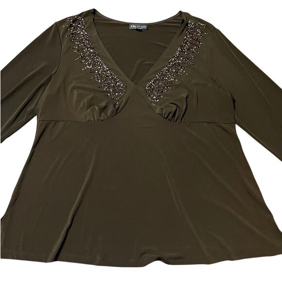 Vintage Y2K IN Studios Brown Beaded Top Size 1X - Picture 2 of 5